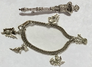 Primary image for the Ornate Crown-Motif Kilt Pin and Scottish Themed Charm Bracelet. $25 Value  Auction Item