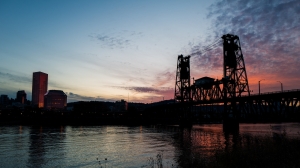 Primary image for the Float-Mounted Metal Print of Portland's Steel Bridge at Sunset Auction Item