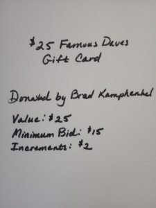 Secondary image for the Item #6 $25 Famous Dave's Gift Card Auction Item