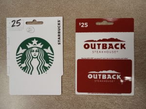 Primary image for the Item #21 Two $25 Gift Cards; Outback Steakhouse & Starbucks Auction Item