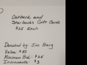 Secondary image for the Item #21 Two $25 Gift Cards; Outback Steakhouse & Starbucks Auction Item