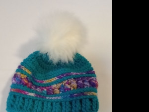Primary image for the Item #25 Child's Bead Stitch Hat; Multi-color Teal With White Pom-Pom Auction Item