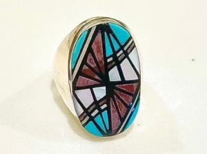 Primary image for the Native American Silver and Turquoise inlay large men's ring Auction Item