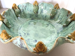 Primary image for the Large Blue/Green glazed pottery bowl with frogs and leaves  Auction Item