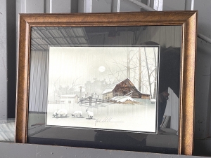 Primary image for the Winter Sheep and Barn Watercolor Framed Auction Item