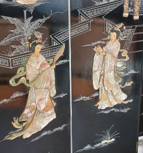 Secondary image for the Antique 4-panel Asian Screen room divider with mother of pearl and abalone carved decorative panels Auction Item