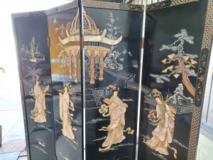 Secondary image for the Antique 4-panel Asian Screen room divider with mother of pearl and abalone carved decorative panels Auction Item