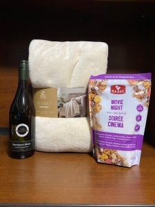Primary image for the 92 - Fuzzy Blanket, Movie Night Snack Mix, and Bottle of White Wine  Auction Item