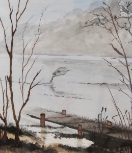 Secondary image for the Original framed watercolor and pen - Morning Egrets Auction Item