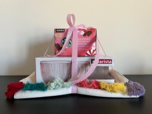 Primary image for the 96 - Pink Coffee Mugs, Starbucks Peppermint Mocha Coffee, and Festive Table Runner  Auction Item