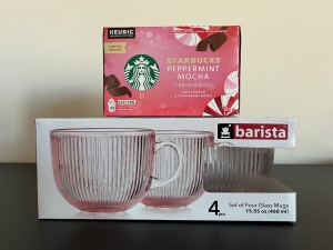 Secondary image for the 96 - Pink Coffee Mugs, Starbucks Peppermint Mocha Coffee, and Festive Table Runner  Auction Item