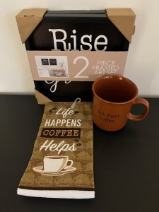 Primary image for the 130 - Coffee Themed Art Set, Coffee Mug, and Kitchen Towel  Auction Item