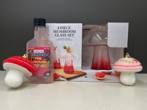 Primary image for the 165 - Mushroom Glass Set with 2 Mushroom Ornaments and Pink Lemonade Shots Auction Item