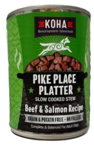 Primary image for the DOG Koha Beef & Salmon Recipe 12 x 12.7 oz Cans  Damaged Pkg/Dents Auction Item