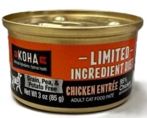 Primary image for the CAT, Koha Chicken Entree 24 x 3 oz Cans  Damaged Pkg/Dents Auction Item