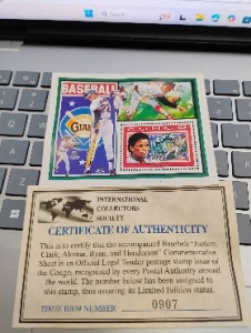 Primary image for the Will Clark, Dave Justice, Sandy Alomar, Nolan Ryan, Rickey Henderson, Internatioanl Collector's Society MLB Stamp/Congo Auction Item