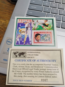 Secondary image for the Will Clark, Dave Justice, Sandy Alomar, Nolan Ryan, Rickey Henderson, Internatioanl Collector's Society MLB Stamp/Congo Auction Item