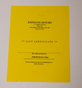 Primary image for the Johnston Motors Gift Certificate For Service - Generously Donated by Dana and Janice Johnston, Johnston Motors Auction Item